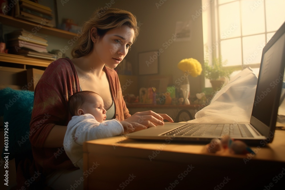 A woman with her baby in her arms breastfeeding him, while she has the