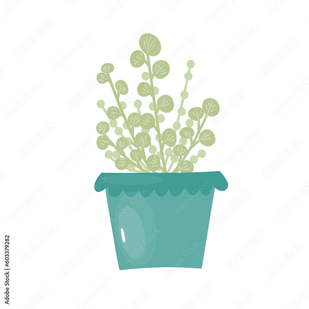 Potted plant for home and office. A houseplant with many round leaves. Ceramic flower pot with decor. Vector icon, cartoon, isolated Potted plant for home and office. A houseplant with many round leaves. Ceramic flower pot with decor. Vector icon, cartoon, isolated