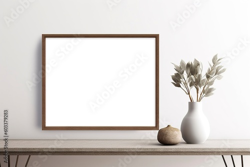 Mockup of an empty frame, on a wooden table. Ai generated.