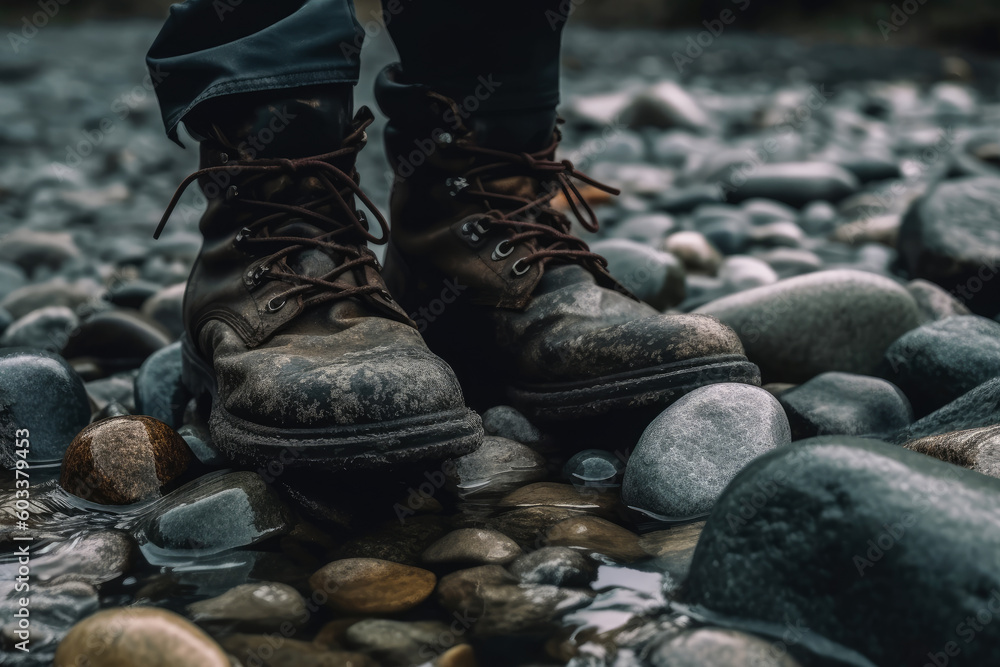 Dirty old outdoor hiking boots, shoes, footwear in a small richer with stones in the nature during daytime (generative ai)