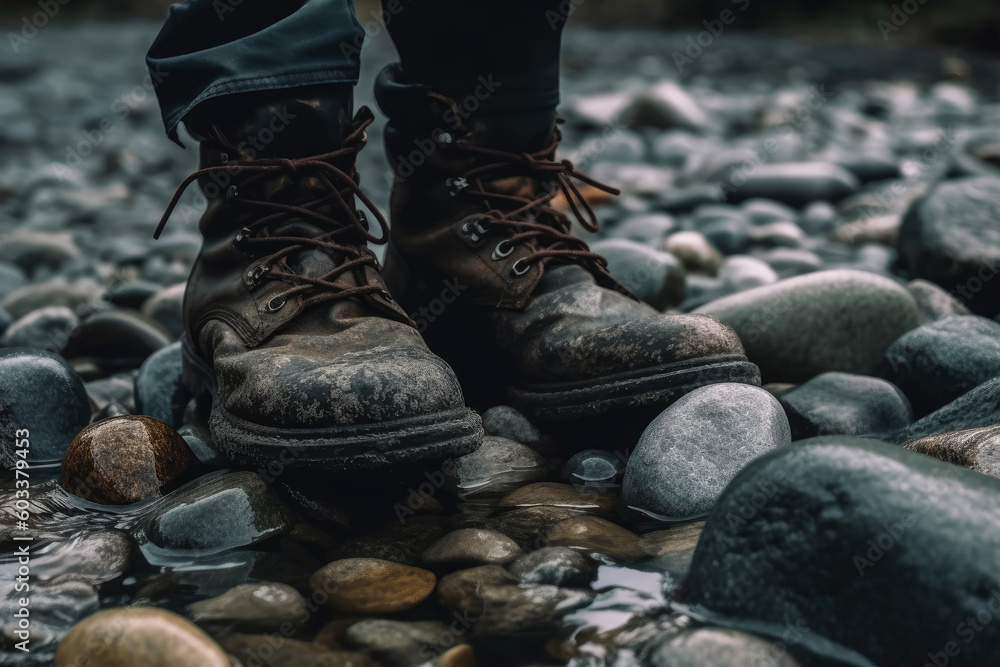 Dirty old outdoor hiking boots, shoes, footwear in a small richer with stones in the nature during daytime (generative ai) Dirty old outdoor hiking boots, shoes, footwear in a small richer with stones in the nature during daytime (generative ai)