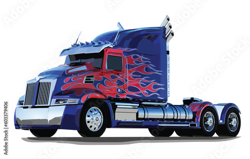 Fototapet America semi truck American trailer haul fire hot burn stripe motive art paint
