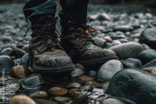 Dirty old outdoor hiking boots, shoes, footwear in a small richer with stones in the nature during daytime (generative ai) photo
