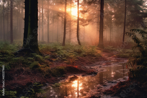 sunrise in the forest with mist generative ai