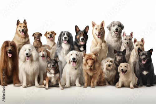 Group of dogs sitting on white background, created with Generative AI