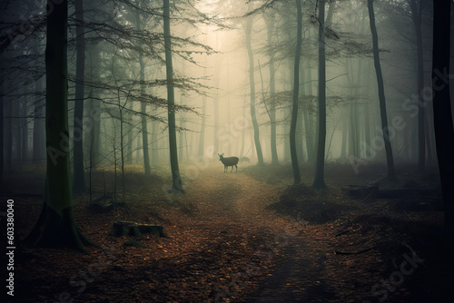 misty morning in the forest with an animal generative ai