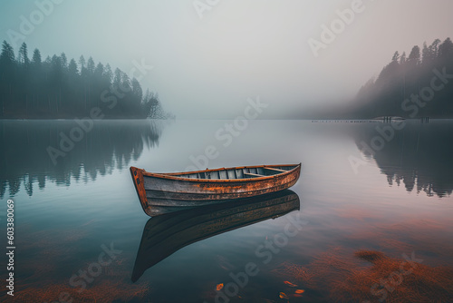 a wooden boat on the foggy lake. Generative AI