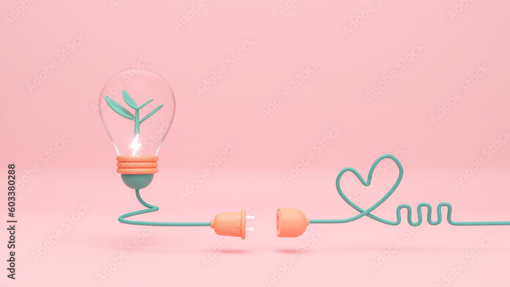 Light bulb and green seedlings with power plug. Environmentally friendly sources of energy on green background. Sustainable development,ecology and environment protect, 3d rendering illustration Light bulb and green seedlings with power plug. Environmentally friendly sources of energy on green background. Sustainable development,ecology and environment protect, 3d rendering illustration