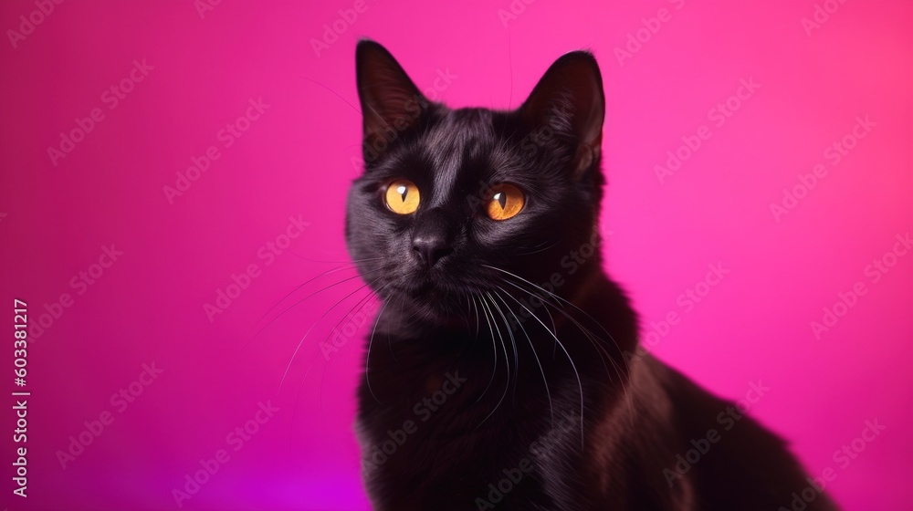  a black cat with yellow eyes sitting in front of a pink background.  generative ai