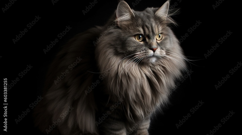  a long haired gray cat with yellow eyes looking at the camera.  generative ai