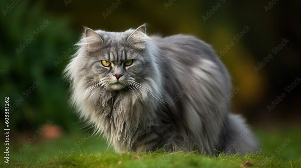  a fluffy cat with yellow eyes standing in a field of grass.  generative ai