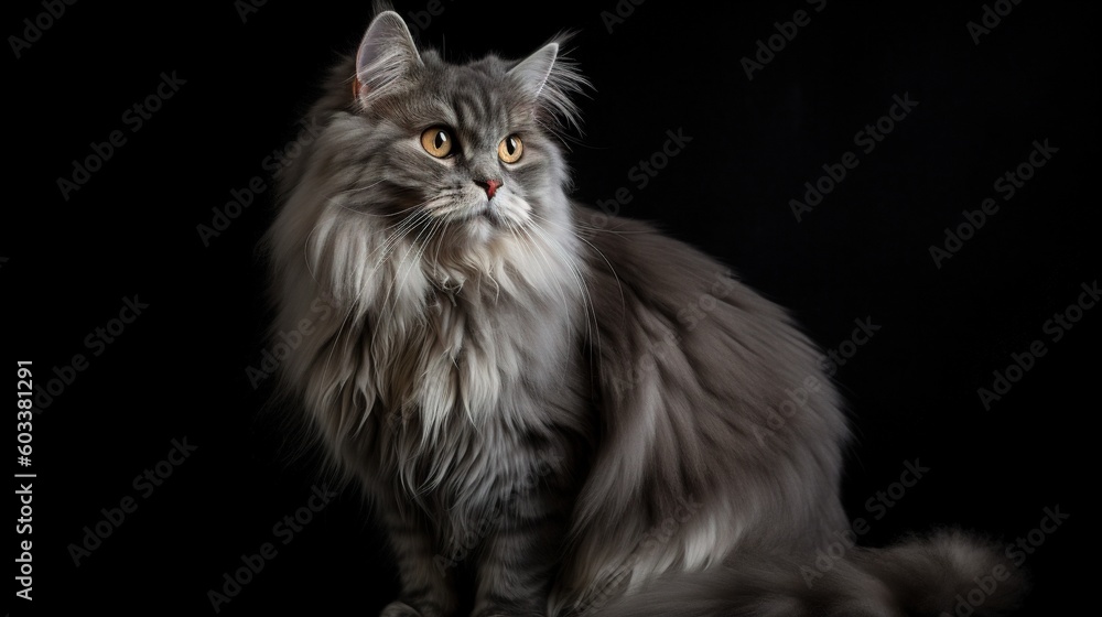  a long haired gray cat sitting on top of a table.  generative ai