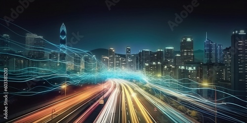Smart digital city with high speed light trail of cars of digital data transfer. AI generative.