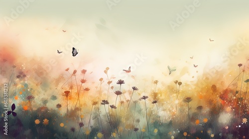  a painting of a field of flowers with butterflies flying over it.  generative ai © Nadia