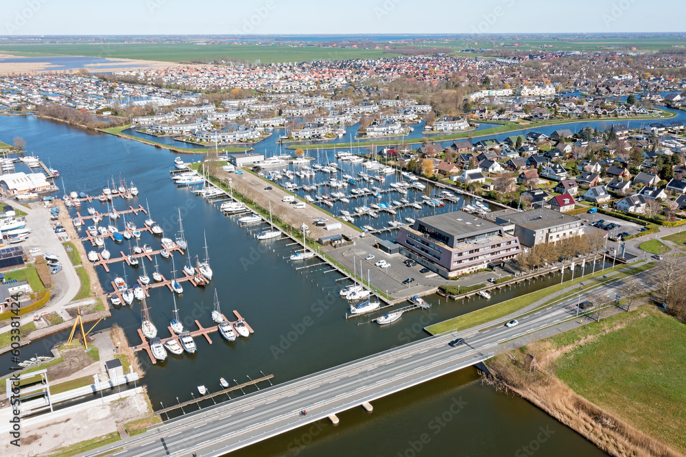 Aerial from harbor and city Lemmer in Friesland the Netherlands