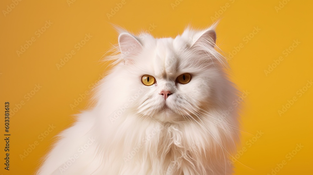  a fluffy white cat with yellow eyes and long hair sitting in front of a yellow background.  generative ai