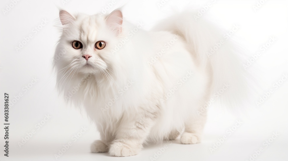  a white cat with long hair standing on a white background.  generative ai