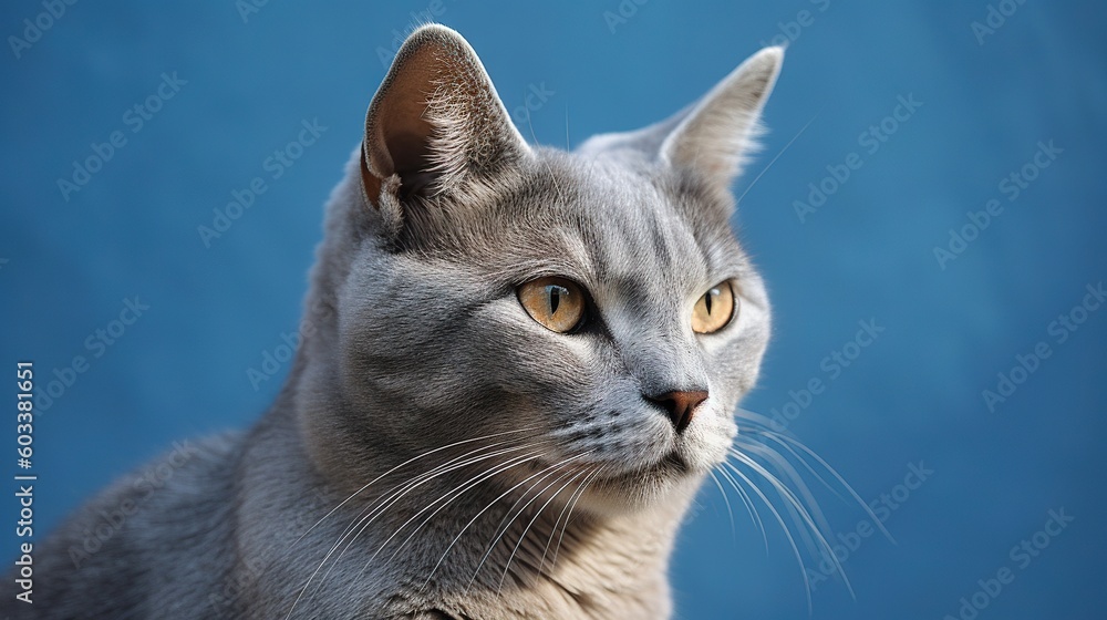  a gray cat with yellow eyes looking at the camera with a blue background.  generative ai