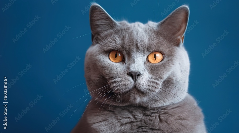  a gray cat with orange eyes looking at the camera with a blue background.  generative ai