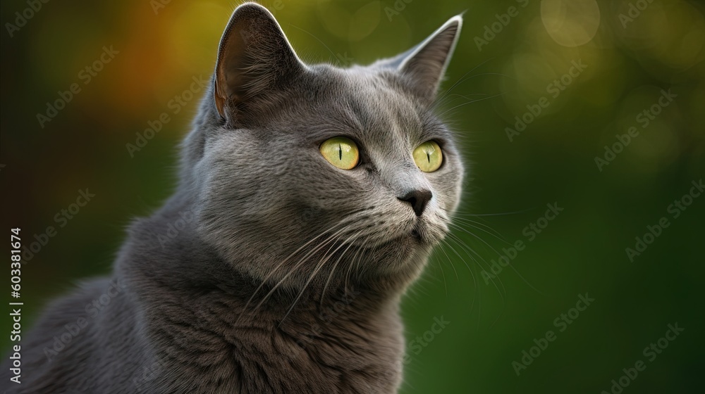  a gray cat with yellow eyes looking up at something in the distance.  generative ai