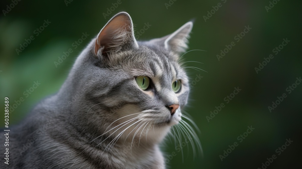 a gray cat with green eyes looking off into the distance. generative ai a gray cat with green eyes looking off into the distance. generative ai
