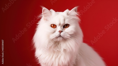  a white cat with red eyes sitting in front of a red background.  generative ai © Nadia