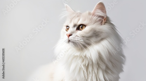  a white cat with long hair looking at the camera with a serious look on its face. generative ai