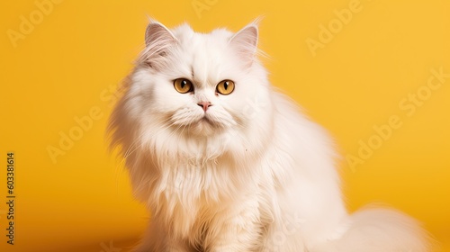  a fluffy white cat sitting in front of a yellow background. generative ai