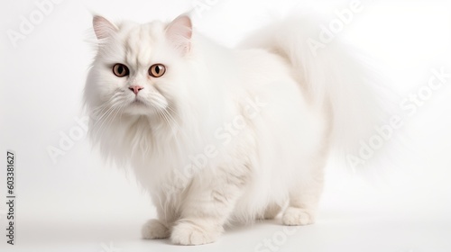  a white cat with long hair standing on a white background. generative ai