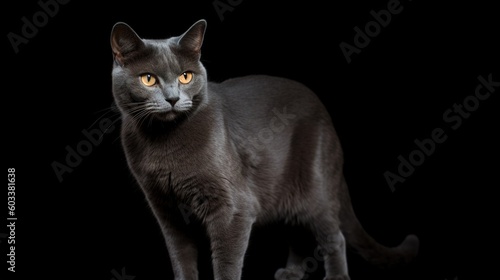  a black cat with yellow eyes standing on a black background.  generative ai