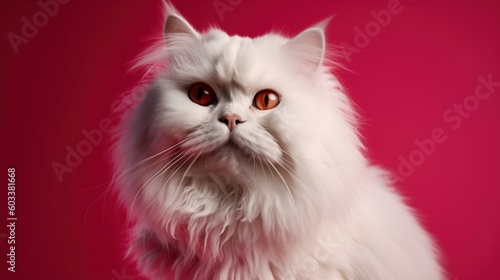 a white fluffy cat with red eyes on a pink background.  generative ai © Nadia