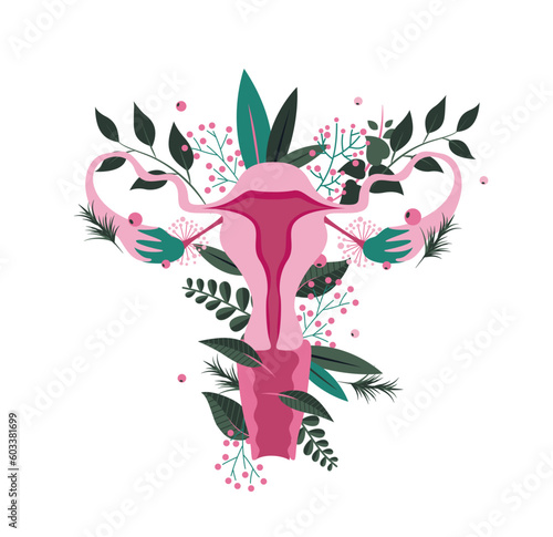 Vector illustration female reproductive system fantasy with flowers and botanical elements photo