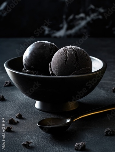A close-up studio shot of a cold, dark brown bowl filled with fresh black ice cream. Perfect for healthy eating or as a sweet dessert!