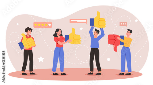 People with like rating. User opinion and feedback, marketing. Ranking and rating. Product evaluation and assesment. Know your customer. Client review concept. Cartoon flat vector illustration