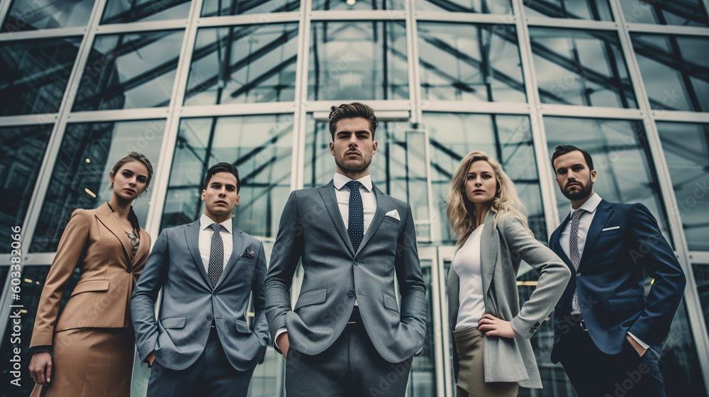 group of business people standing outside office building group of business people standing outside office building