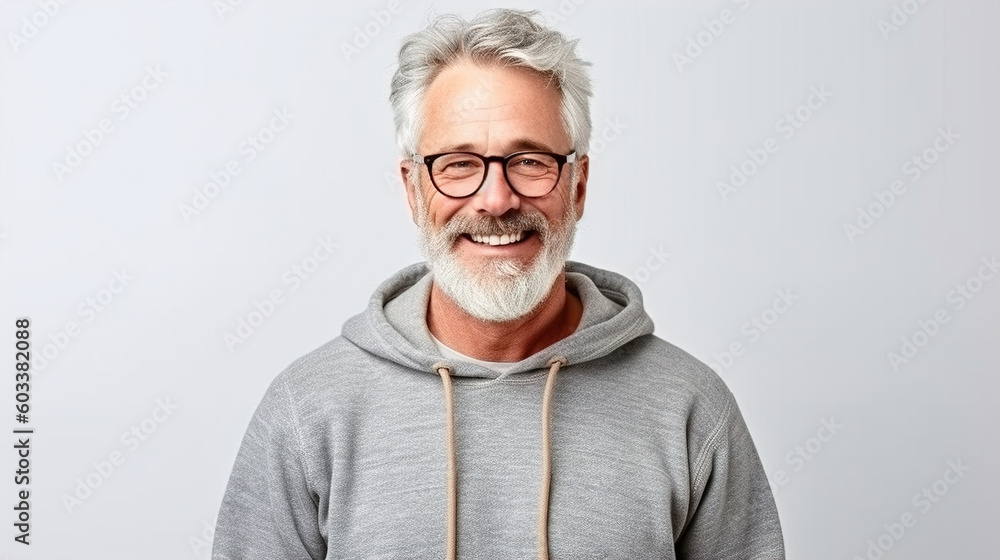 portrait of mature man isolated on white, wearing glasses and gray beard. smiling portrait of mature man isolated on white, wearing glasses and gray beard. smiling