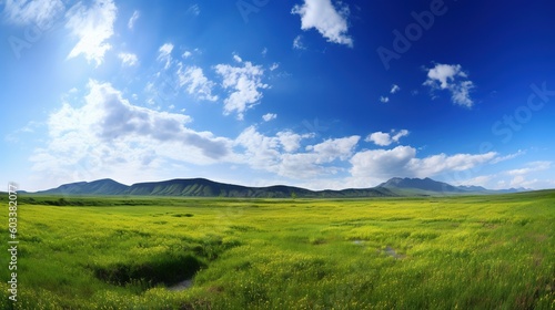  a grassy field with mountains in the distance and a stream running through it.  generative ai