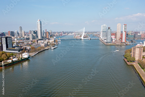 Aerial from the city Rotterdam with the Erasmus bridge in the Netherlands