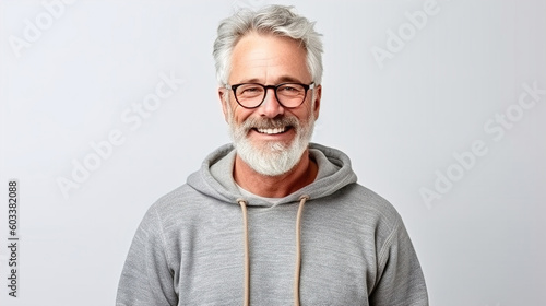 portrait of mature man isolated on white, wearing glasses and gray beard. smiling