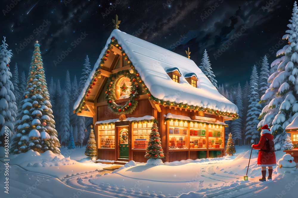 Christmas house with gifts in the winter forest. Postcard Christmas illustration. Generative AI