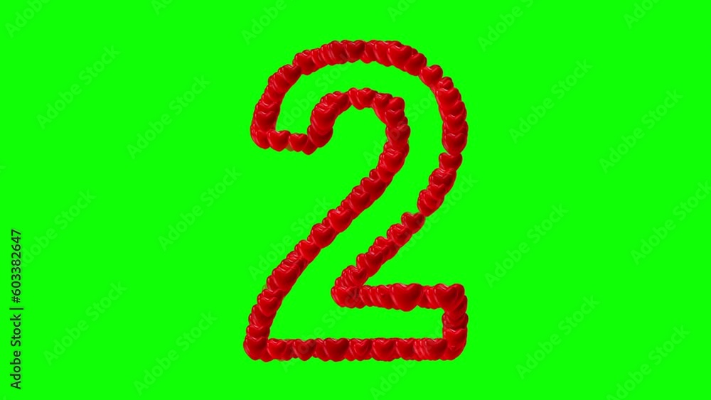 Number 2 with red hearts on green screen background Number 2 with red hearts on green screen background