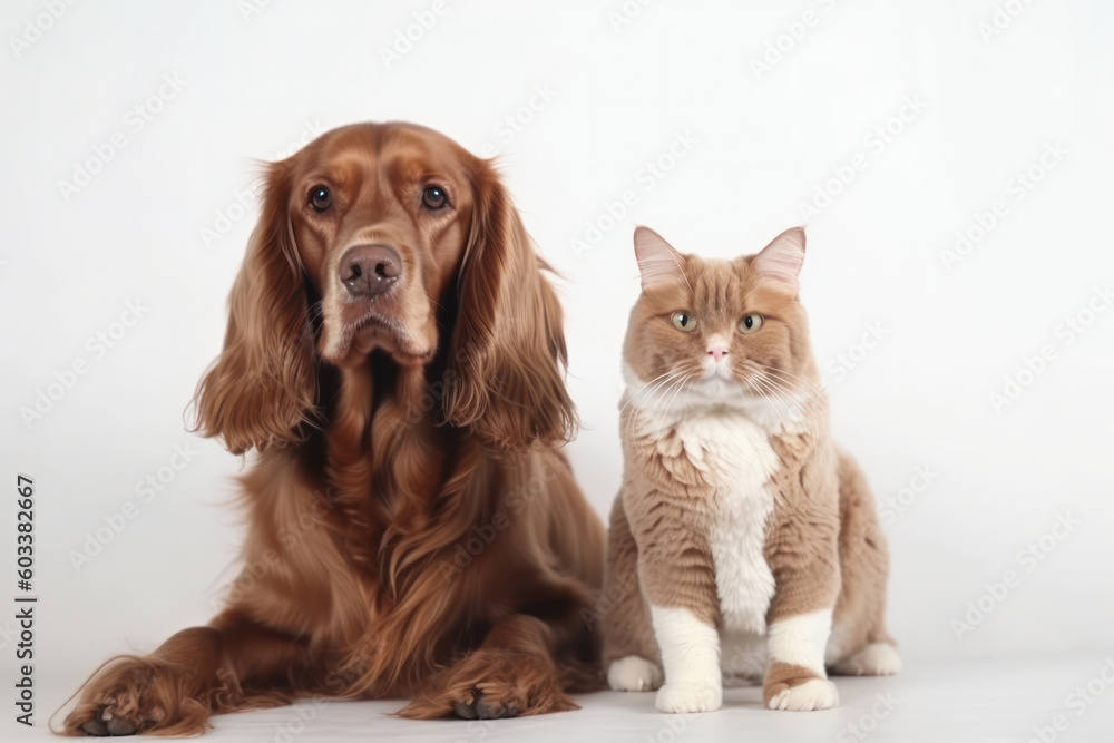 Peaceful pets, cat and dog, sitting together with trust and harmony, promoting love and loyalty between animals. AI Generative. Peaceful pets, cat and dog, sitting together with trust and harmony, promoting love and loyalty between animals. AI Generative.
