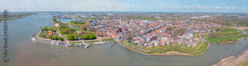 Aerial panorama from the historical city Gorinchem at the river Merwede in the Netherlands