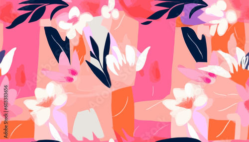 Hand drawn bright cute pink artistic flowers print. Modern botanical geometric pattern. Fashionable template for design