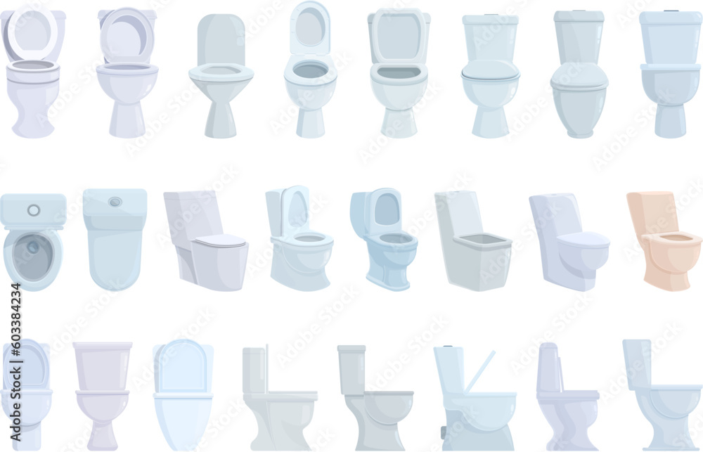 Toilet bowl icons set cartoon vector. Wc clean. Ceramic side Toilet bowl icons set cartoon vector. Wc clean. Ceramic side