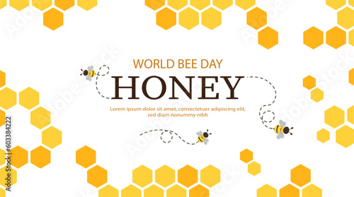 World Honey Bee Day. Bees fly near honeycomb borders background. Traditional international holiday or festival. Greeting postcard design. Cartoon flat vector illustration