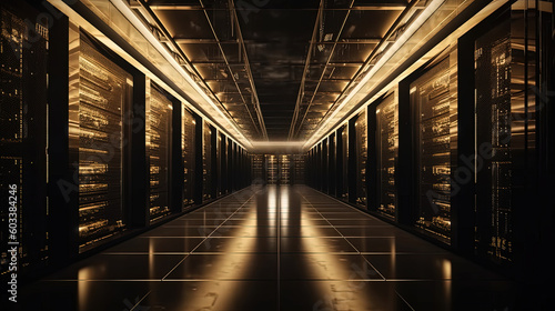 Data server center background, digital hosting, golden neon lights