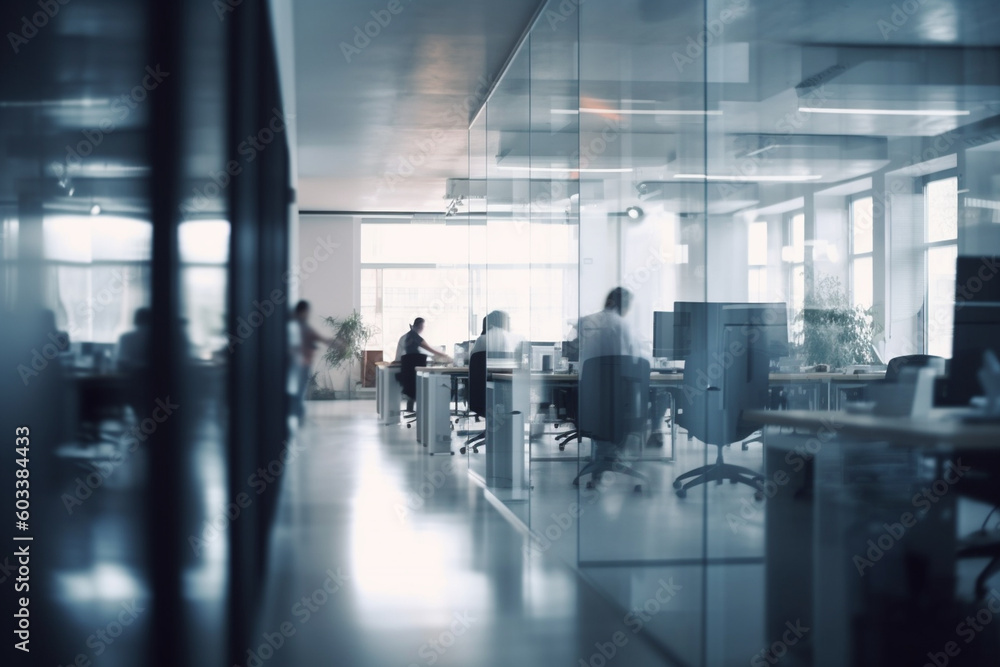 Blurred view of office desks with employees working, business, blurred Generative AI Blurred view of office desks with employees working, business, blurred Generative AI