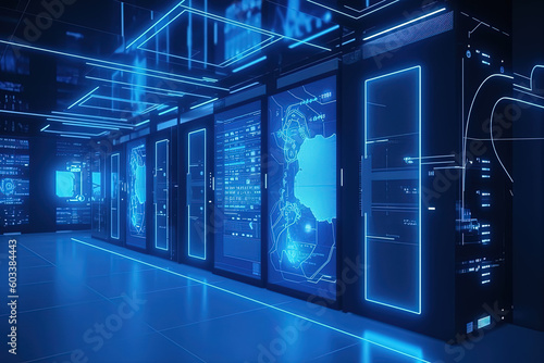 Data server center background, digital hosting, blue neon lights