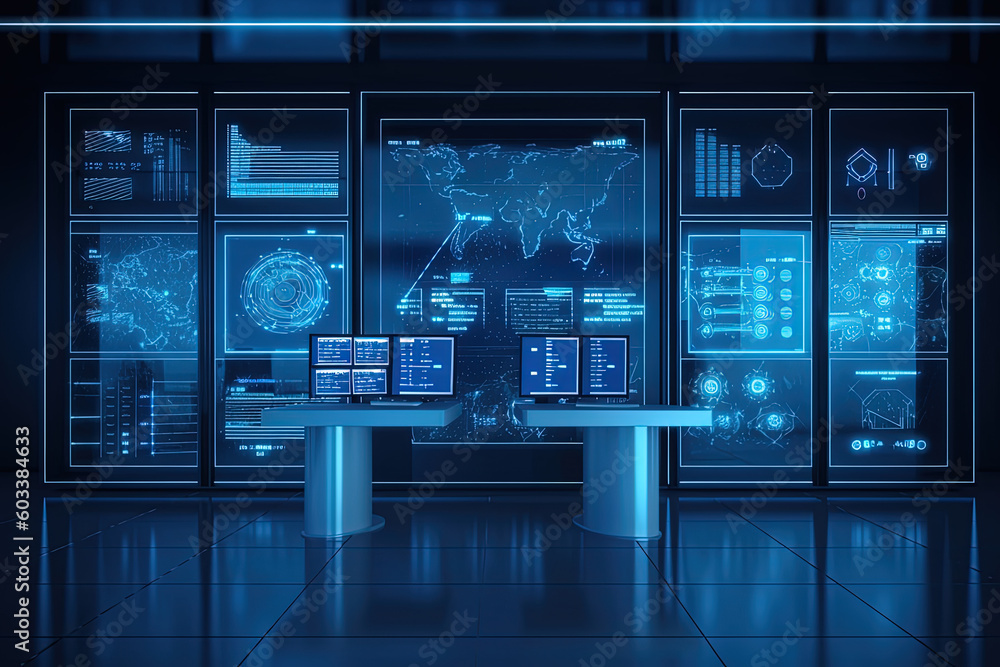 Data server center background, digital hosting, blue neon lights Data server center background, digital hosting, blue neon lights
